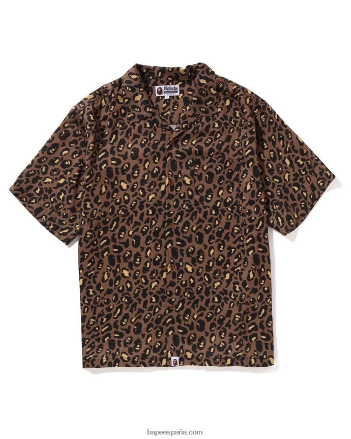 hombres A Bathing Ape camisa con cuello abierto y motivo de leopardo 288PLL126 marrón