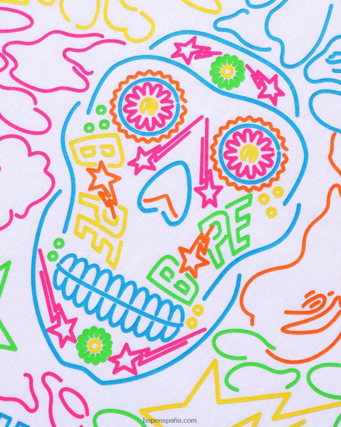 hombres A Bathing Ape camiseta de calavera mexicana de neón de halloween 288PLL379 blanco