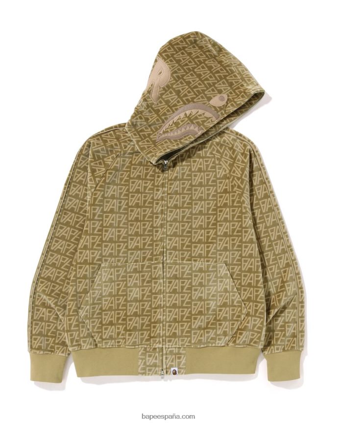 hombres A Bathing Ape sudadera con capucha y cremallera completa Shark Shark de terciopelo con monograma del logo 288PLL226 beige