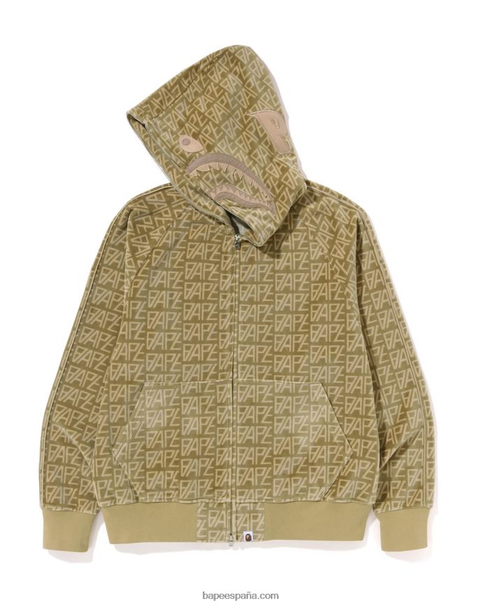 hombres A Bathing Ape sudadera con capucha y cremallera completa Shark Shark de terciopelo con monograma del logo 288PLL226 beige