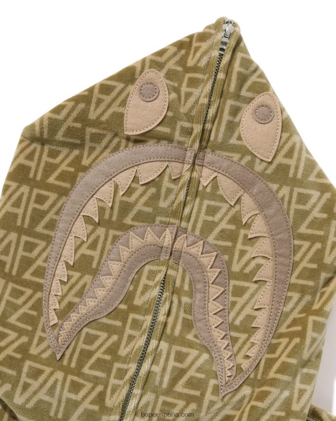 hombres A Bathing Ape sudadera con capucha y cremallera completa Shark Shark de terciopelo con monograma del logo 288PLL226 beige