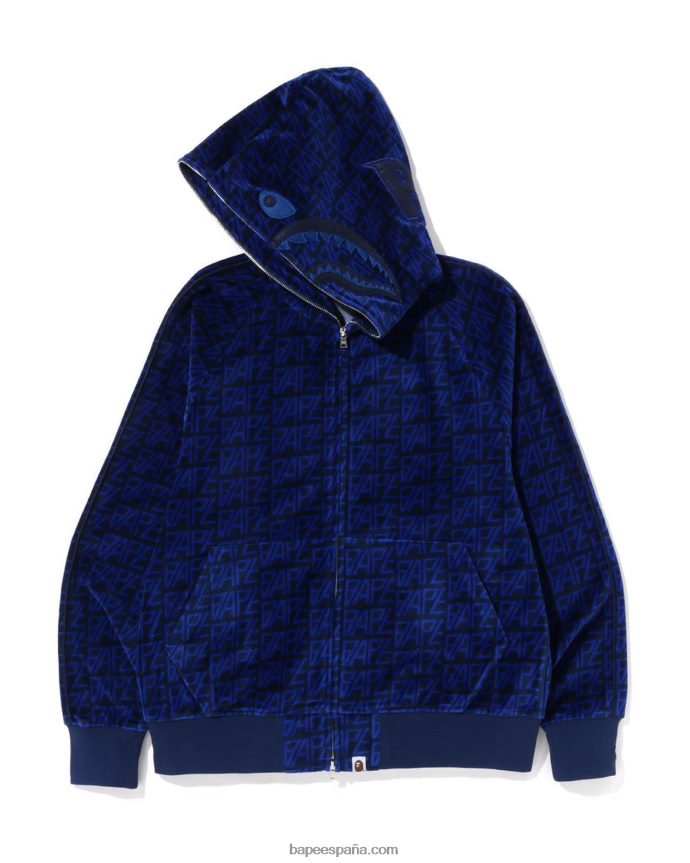 hombres A Bathing Ape sudadera con capucha y cremallera completa Shark Shark de terciopelo con monograma del logo 288PLL227 Azul marino