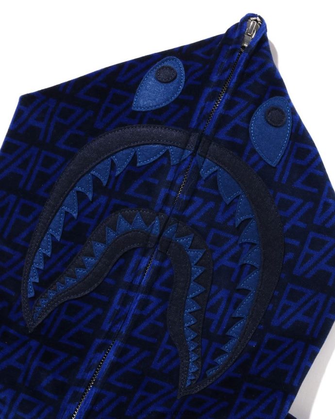 hombres A Bathing Ape sudadera con capucha y cremallera completa Shark Shark de terciopelo con monograma del logo 288PLL227 Azul marino