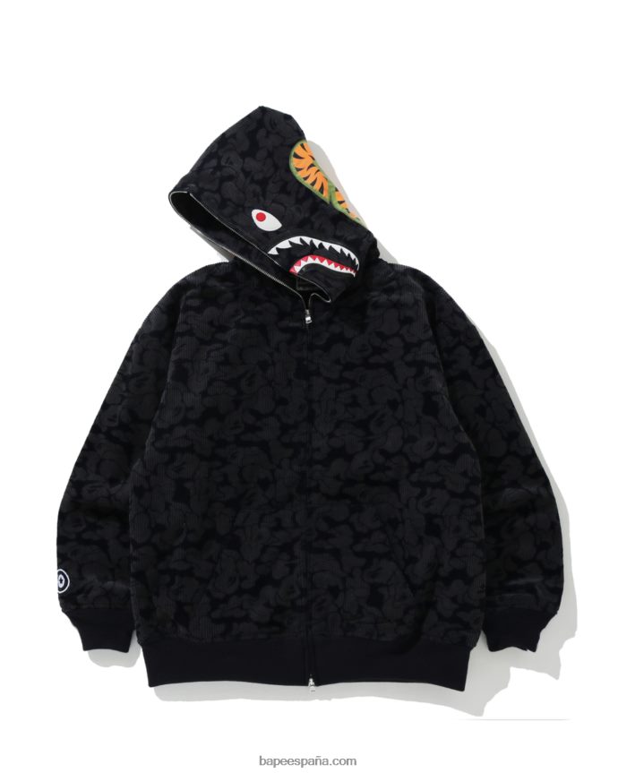mujer A Bathing Ape chamarra con capucha y cremallera completa Shark de pana de camuflaje sólido 288PLL1025 Azul marino