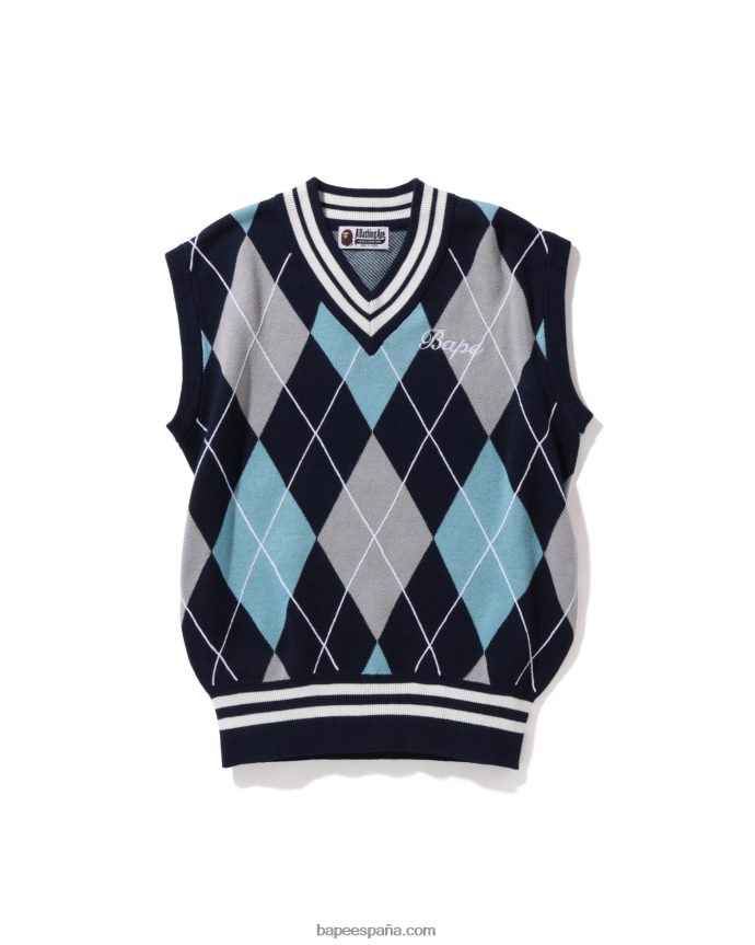 mujer A Bathing Ape chaleco de punto con bordado de rombos 288PLL1007 azul