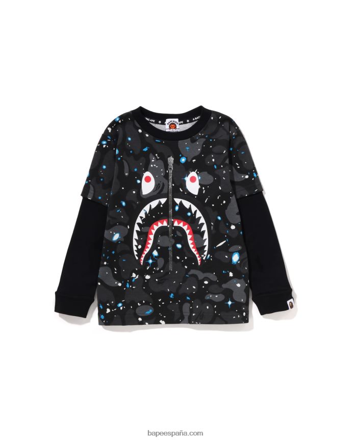 niños A Bathing Ape camiseta con capas de tiburón de camuflaje espacial 288PLL1463 negro