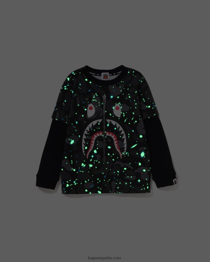niños A Bathing Ape camiseta con capas de tiburón de camuflaje espacial 288PLL1463 negro