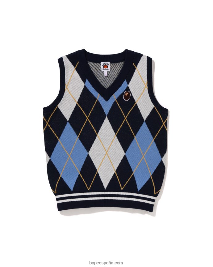 niños A Bathing Ape chaleco de punto de rombos con parche en la cabeza jr 288PLL1689 azul